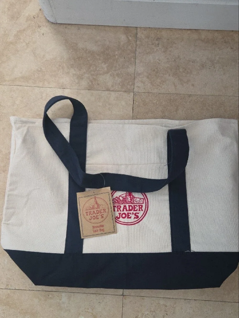 Viral- Trader Joes Canvas Tote Bag in Cream and Navy Large Not Mini